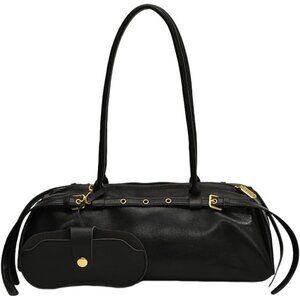 Wome'ns Black PU Leather Tote Bag Casual Bowling Bag Purse Retro Underarm
